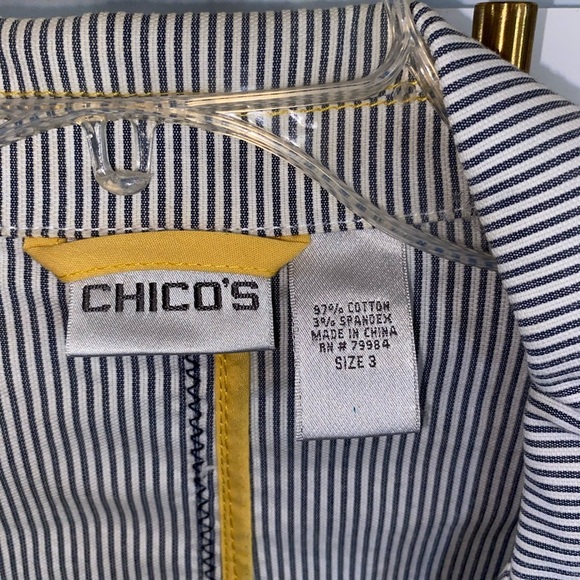 Chico's Seersucker Striped gray & white yellow stitches Yachtie Blazer Jacket - Picture 9 of 12